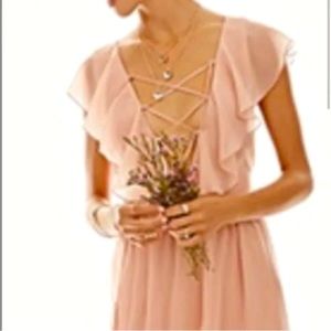 Bridesmaids Pink Deep V Neck Ruffle Sleeve Maxi Dress